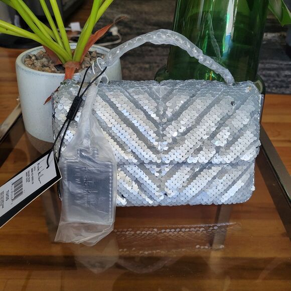 Nicole Miller Handbags - Nicole Miller Silver Sequin Handbag Chevron Quilted Crossbody Purse Evening Bag